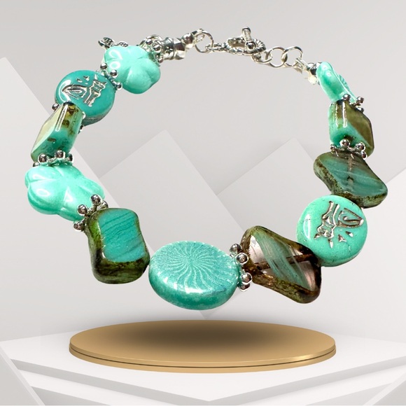 Czech Glass Beaded Handmade Turquoise Bracelet - Picture 1 of 7